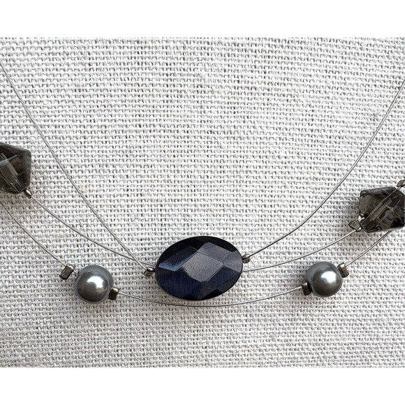 Lia Sophia Necklace Gray Faux Pearl Silver Tone Wire Beaded Floating w/ Box 15" - Picture 3 of 8